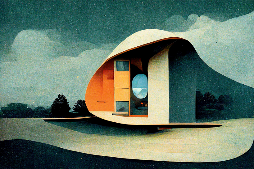 these AI-generated abstracted dwellings by mathias juul frost are composed of modernist organic forms 