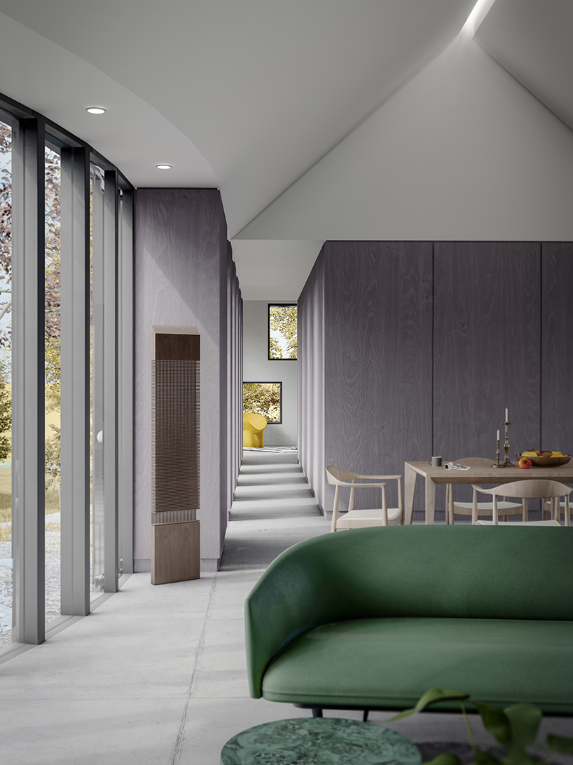 estudio esmero clads y-shaped home in new york meadow with shou sugi ban cedar siding