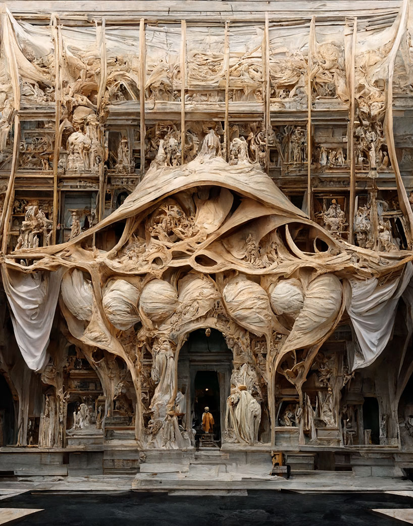 sculptural AI-generated structures inject stone renaissance + baroque forms with fluid silk