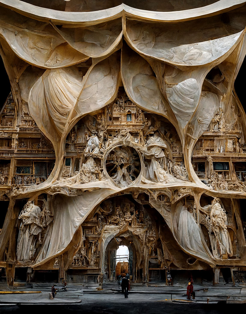 sculptural AI-generated structures inject stone renaissance + baroque forms with fluid silk