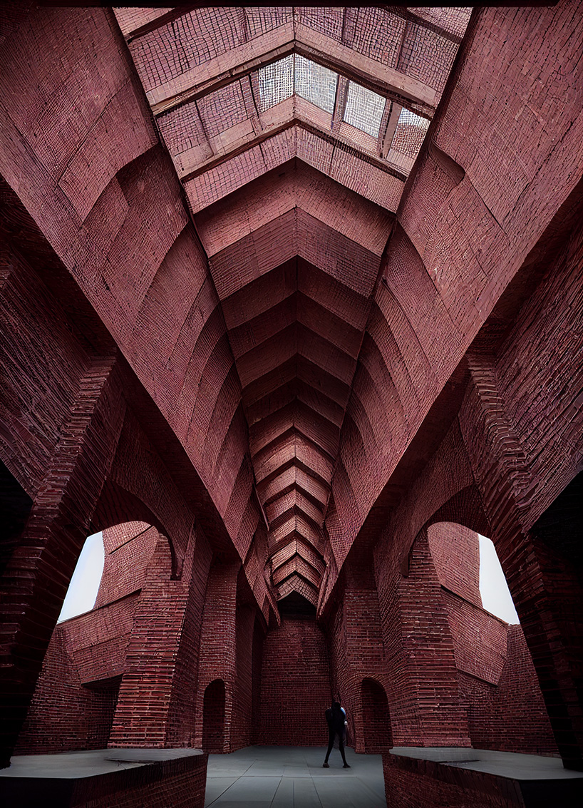 AI-generated brick structures explore sacredness through light and tensile geometry