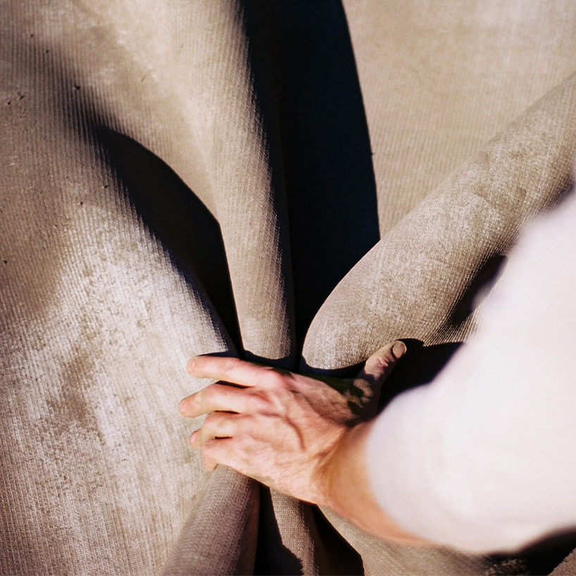 rug ’n roll stools draped in concrete canvas embrace organic forms + unique textures