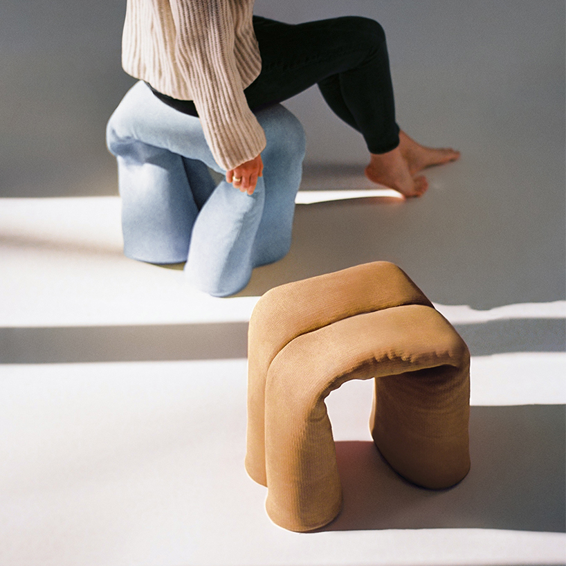 rug ’n roll stools draped in concrete canvas embrace organic forms + unique textures