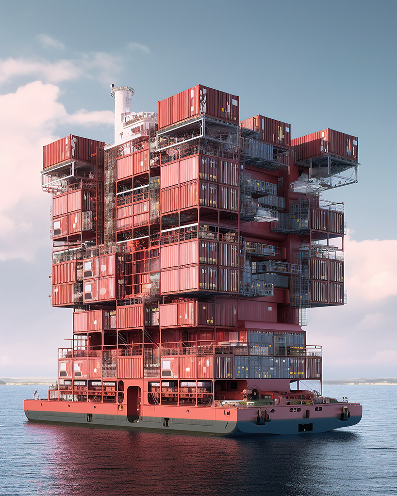 kaveh najafian conjures eco-system of AI-generated megaships abandoned at sea 