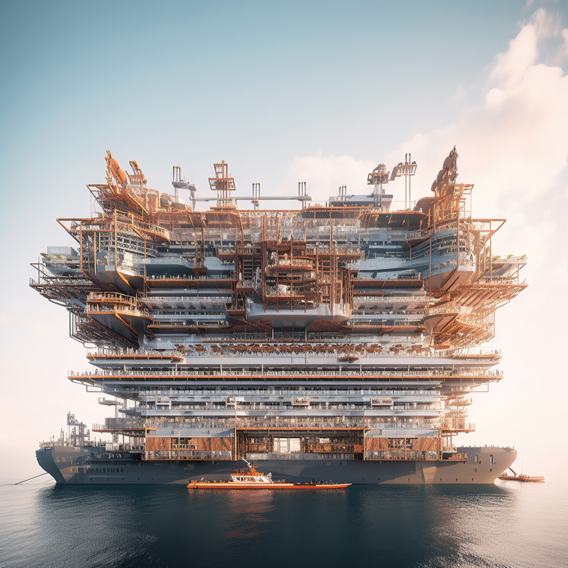 kaveh najafian conjures eco-system of AI-generated megaships abandoned at sea 