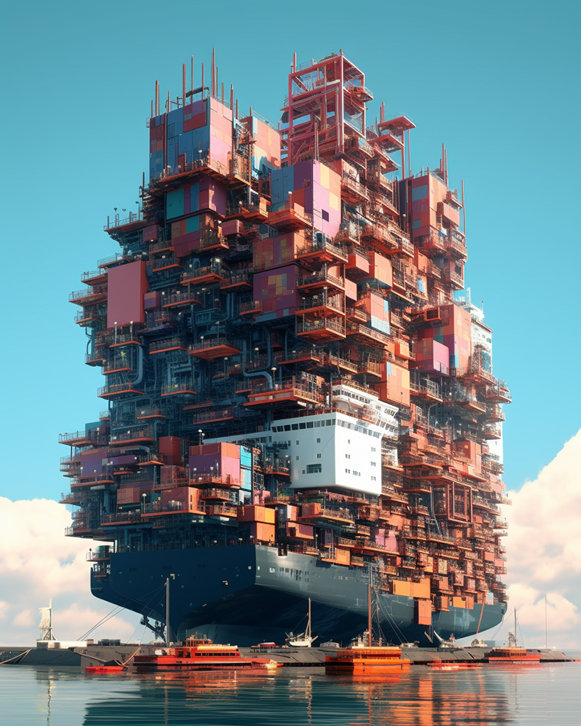 kaveh najafian conjures eco-system of AI-generated megaships abandoned at sea 