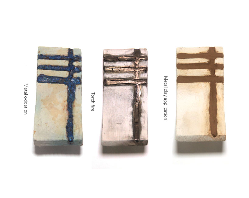 dyed ceramic tiles by yuval harel revalue the union of raw clay with metal through oxidization & corrosion