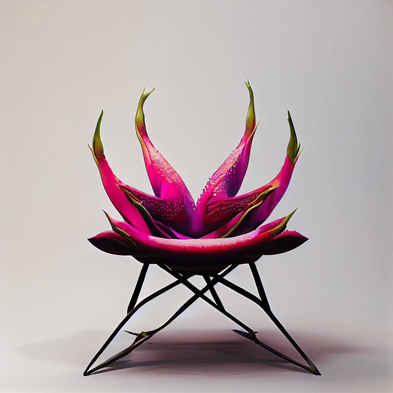 AI-generated art by frank jacobus envisions quirky cross-pollination between a ripe dragon fruit and a chair