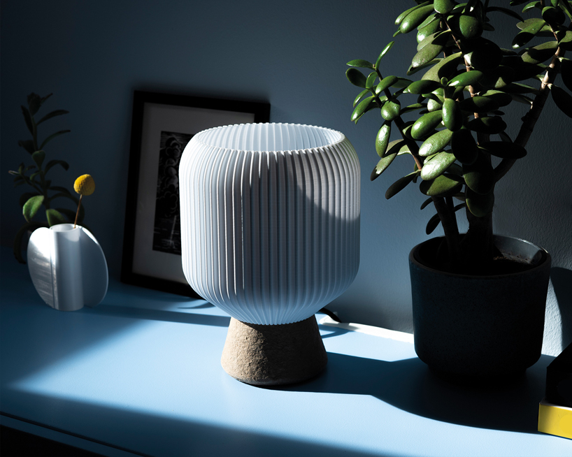 cozy cleo table lamp is made from recycled cardboard and 3d printed plastic bottles