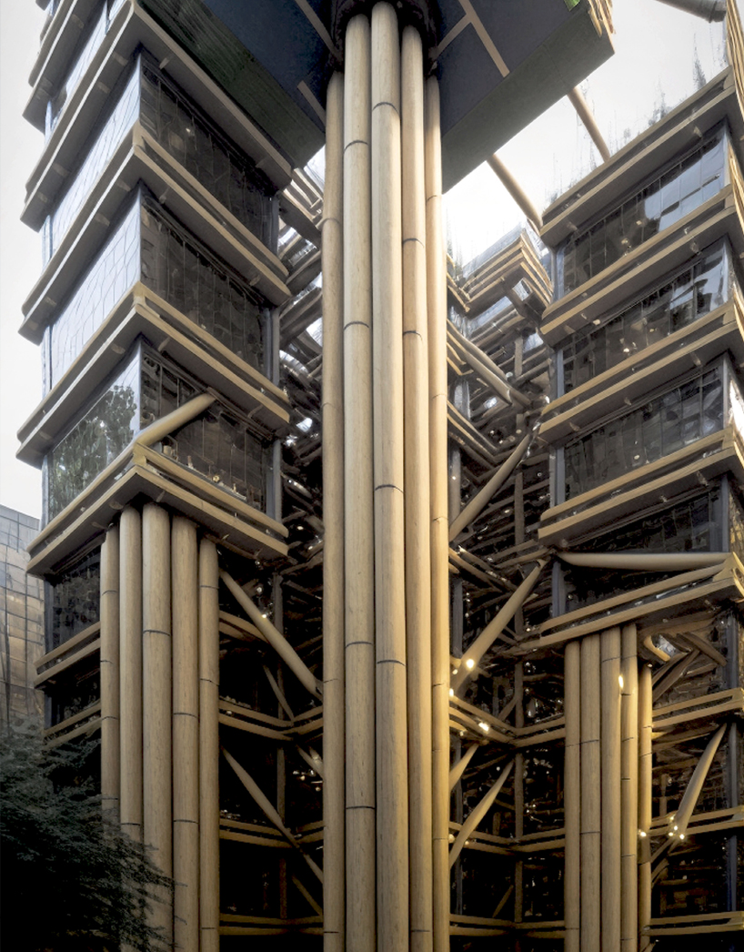 With Midjourney, Edward McIntosh hybridizes urban skyscrapers with sustainable structural frames made of bamboo
