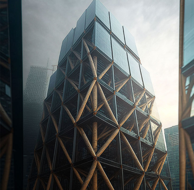 With Midjourney, Edward McIntosh hybridizes urban skyscrapers with sustainable structural frames made of bamboo