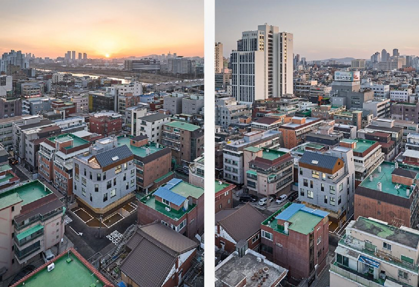 brick tiled residential building stands out in an alley of seoul