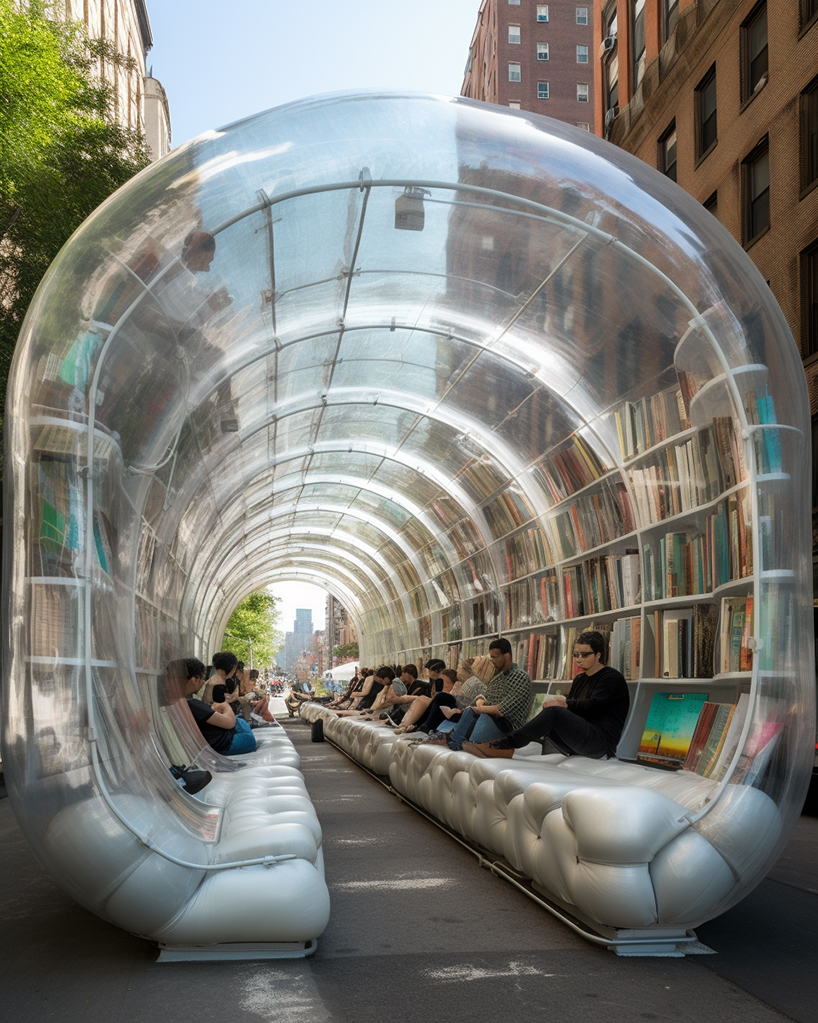 inflatable bus stops double as cozy reading nooks in the city in ulises’ midjourney series