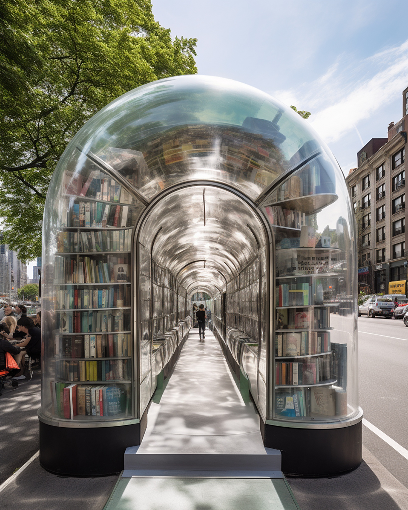 inflatable bus stops double as cozy reading nooks in the city in ulises’ midjourney series