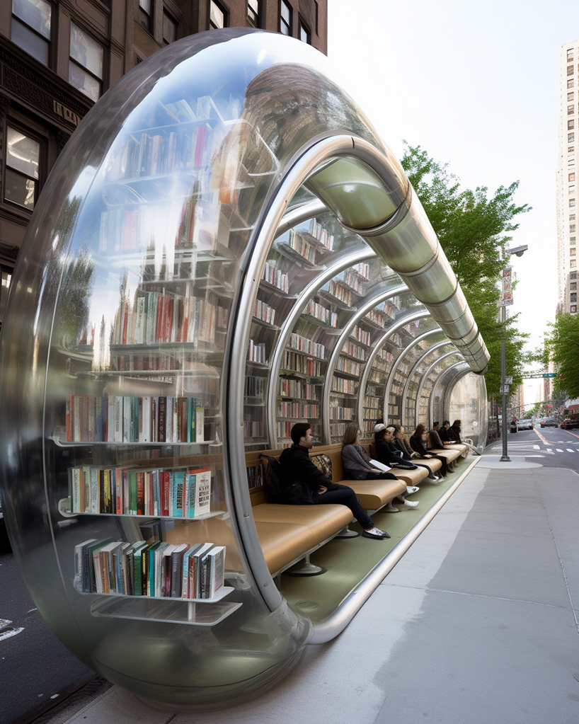 inflatable bus stops double as cozy reading nooks in the city in ulises’ midjourney series