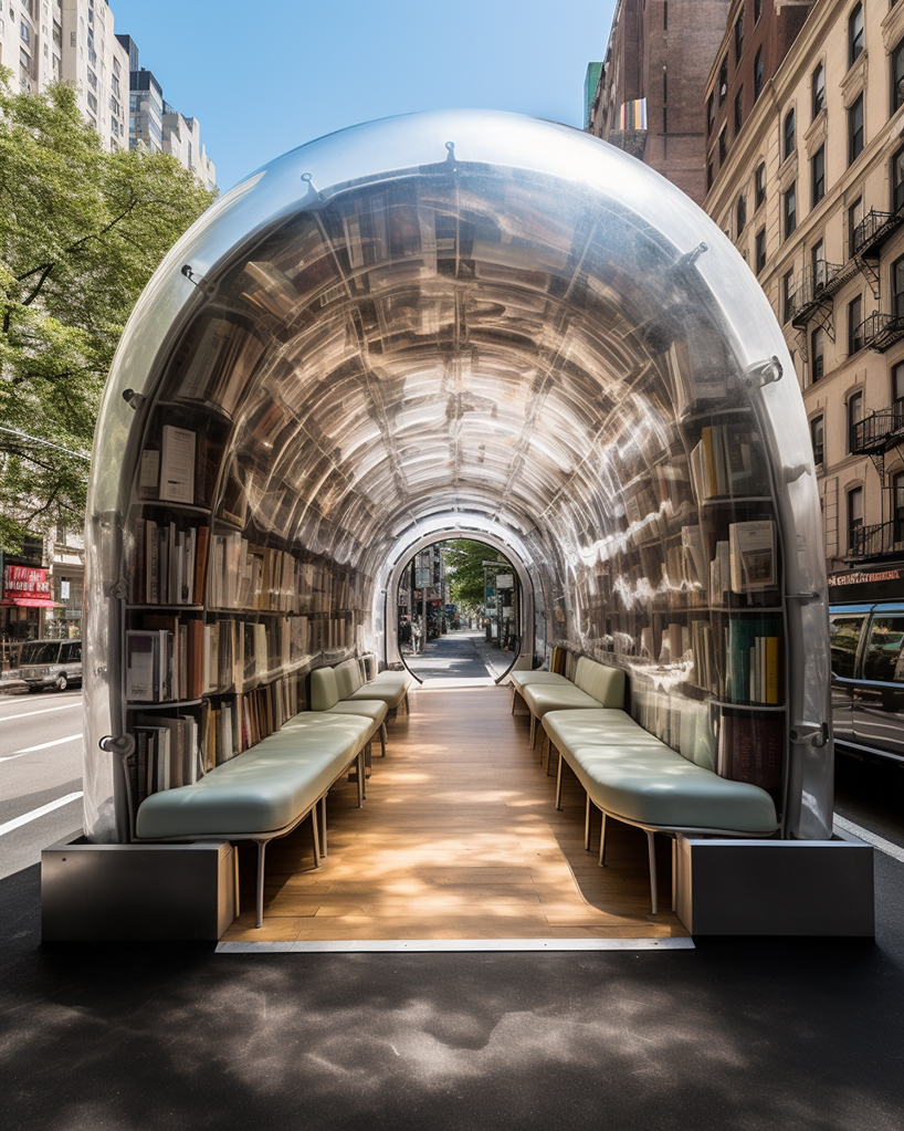 inflatable bus stops double as cozy reading nooks in the city in ulises’ midjourney series