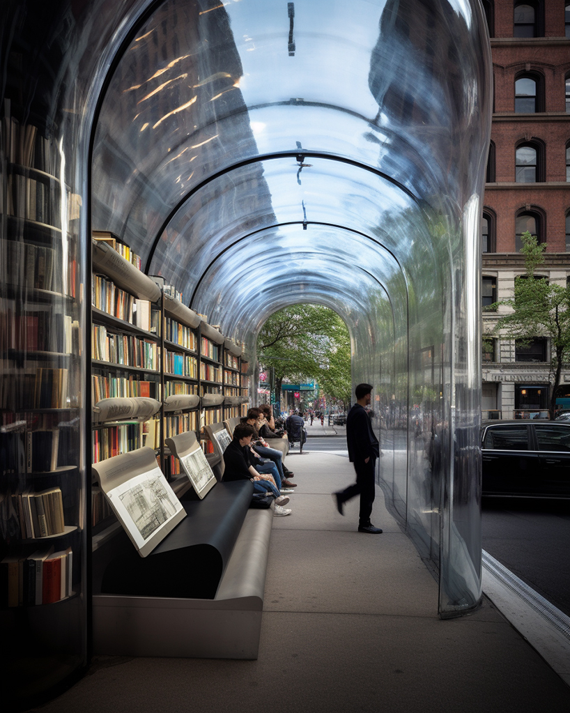 inflatable bus stops double as cozy reading nooks in the city in ulises’ midjourney series