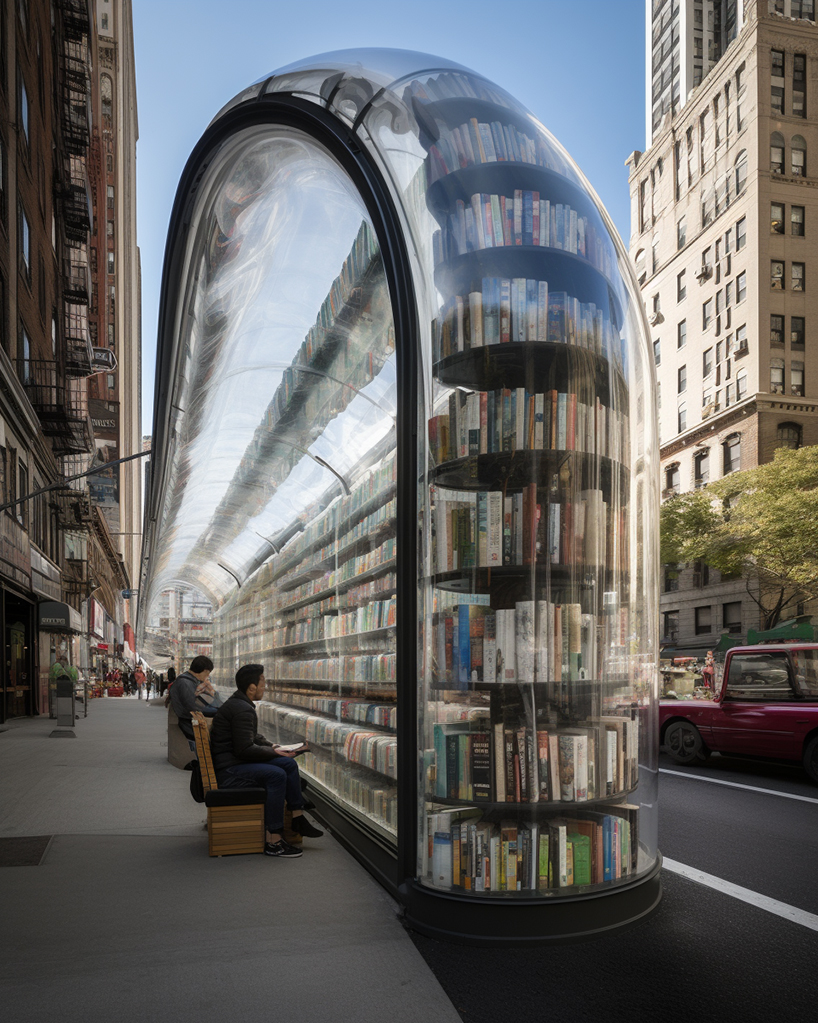 inflatable bus stops double as cozy reading nooks in the city in ulises’ midjourney series