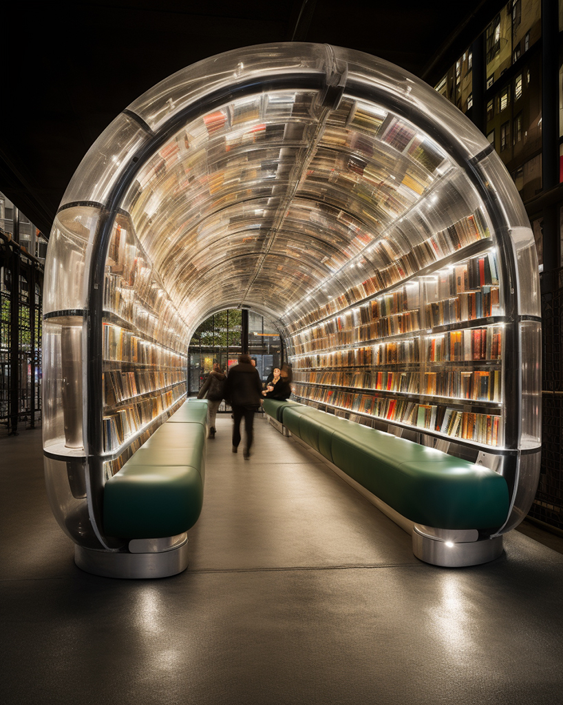 inflatable bus stops double as cozy reading nooks in the city in ulises’ midjourney series