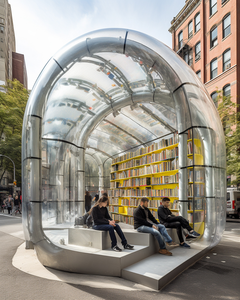 inflatable bus stops double as cozy reading nooks in the city in ulises’ midjourney series