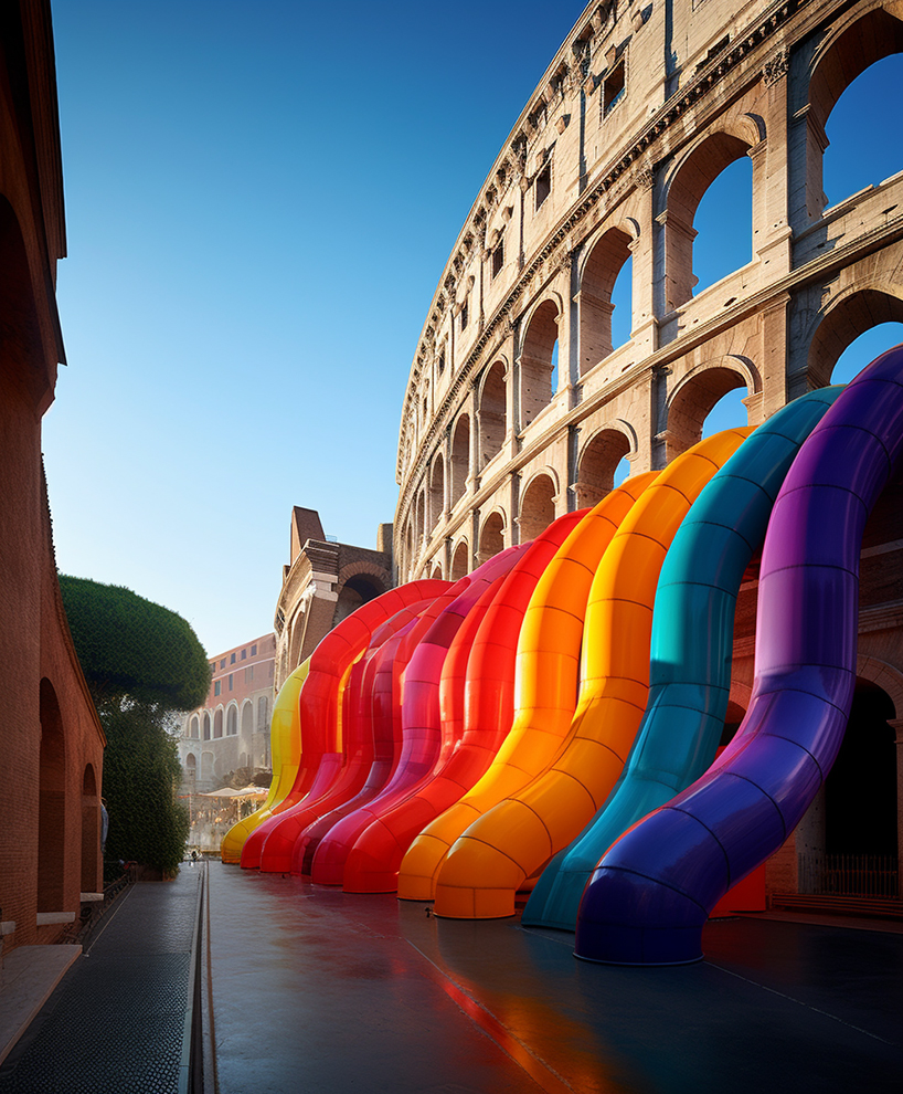 a vibrant AI intervention imagines giant inflated rainbow seeping from rome's colosseum