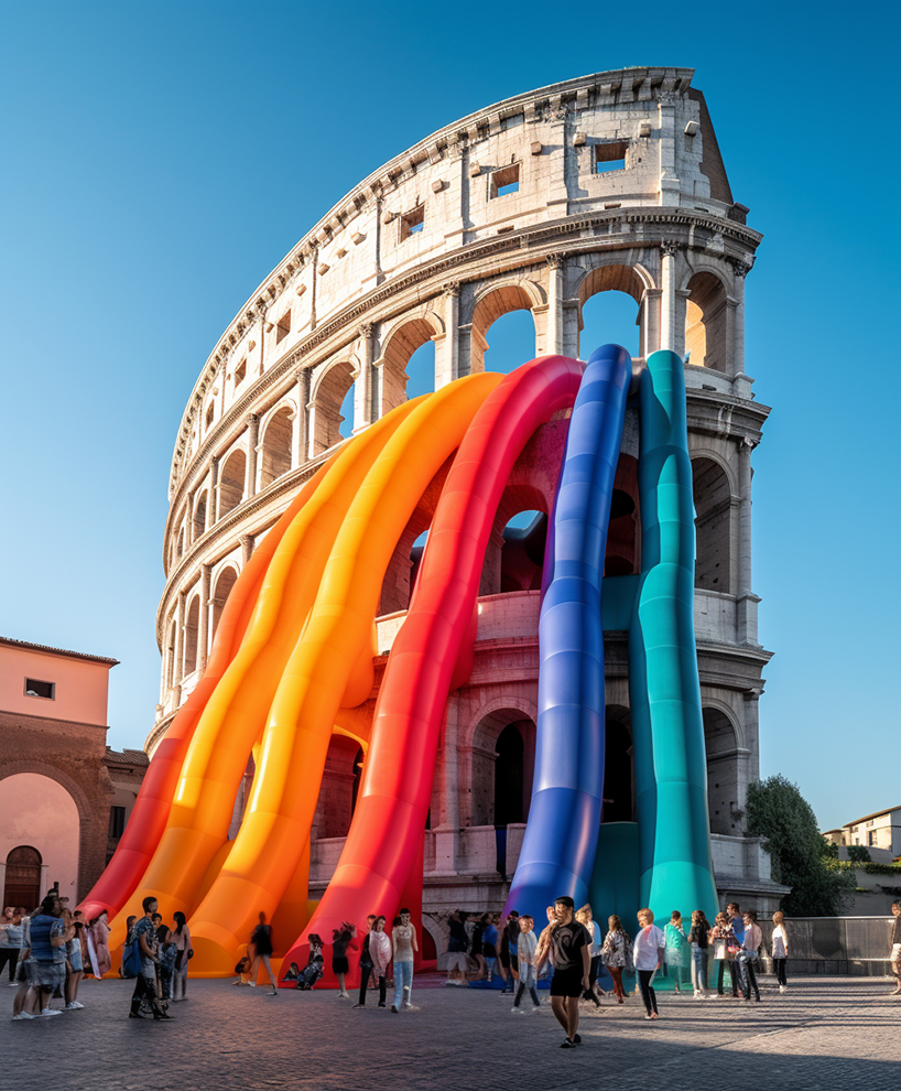 ulises' vibrant AI intervention imagines giant inflated rainbow seeping from rome's colosseum