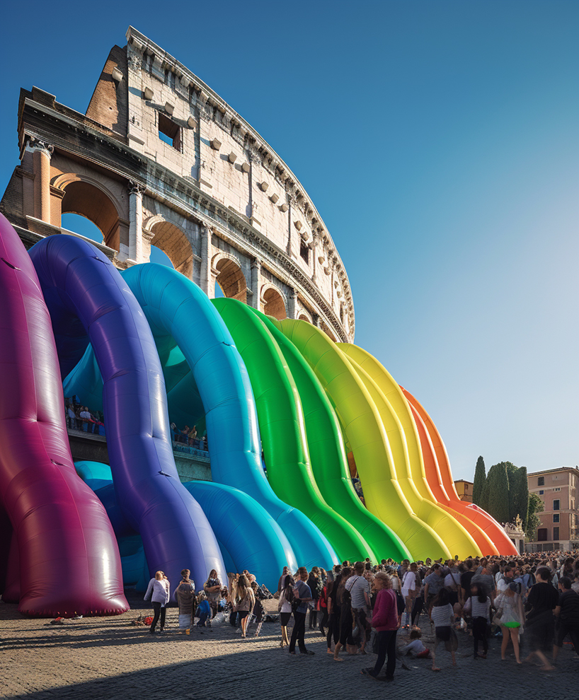 a vibrant AI intervention imagines giant inflated rainbow seeping from rome's colosseum