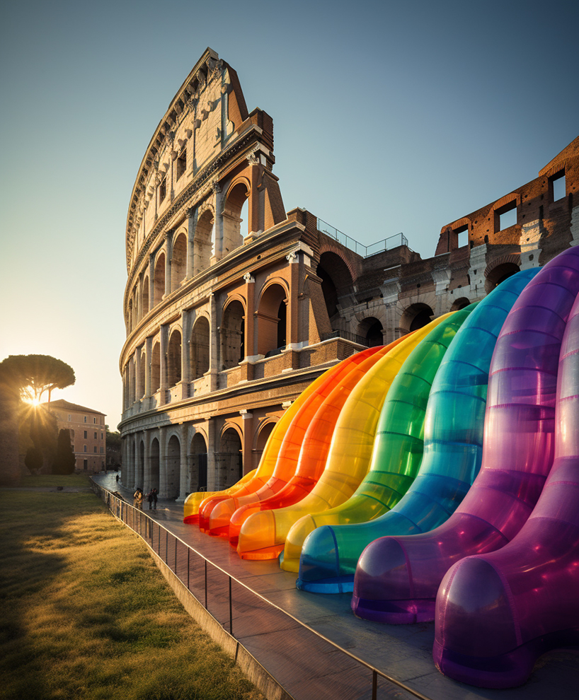 a vibrant AI intervention imagines giant inflated rainbow seeping from rome's colosseum