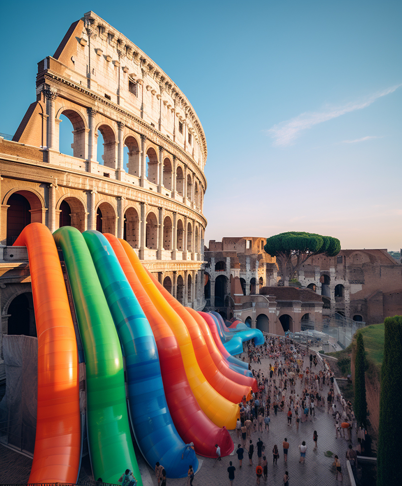 ulises' vibrant AI intervention imagines giant inflated rainbow seeping from rome's colosseum