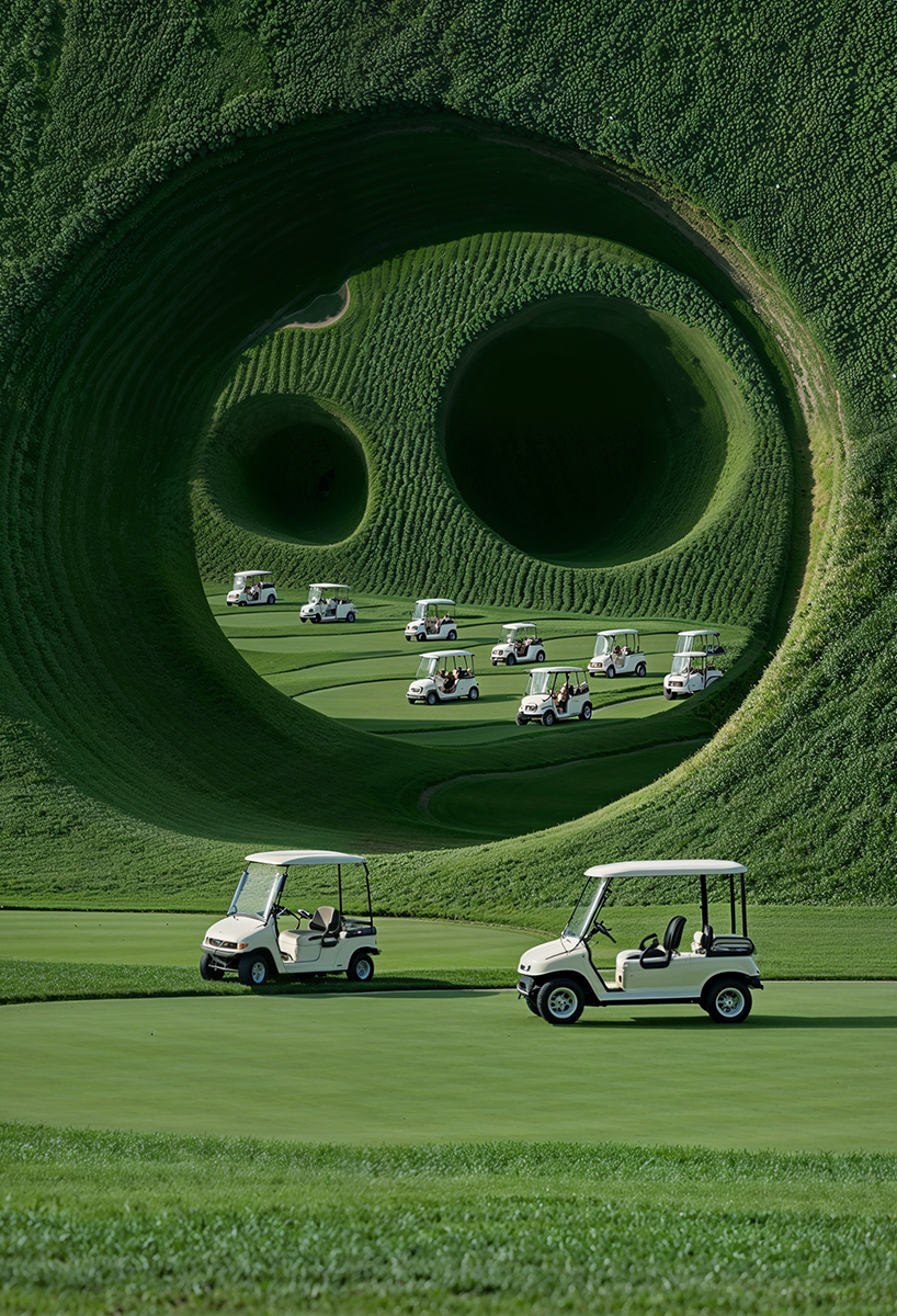 ulises studio's digital images stage hypnotic procession of golf carts tracing invisible lines