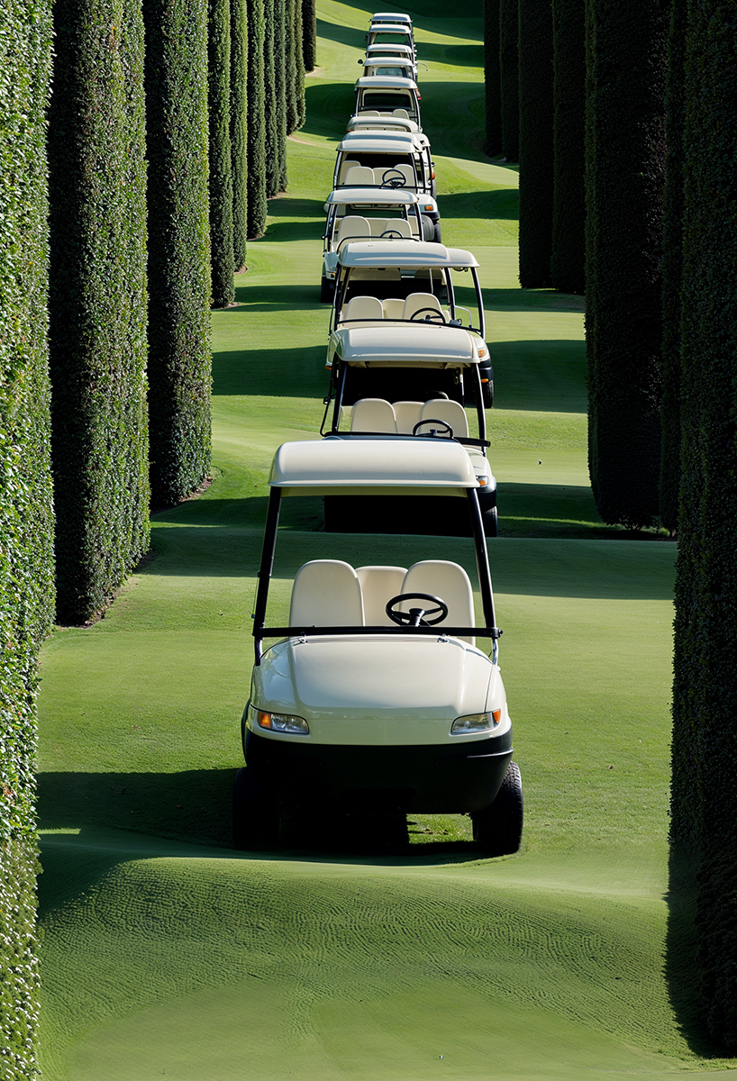 ulises studio's digital images stage hypnotic procession of golf carts tracing invisible lines