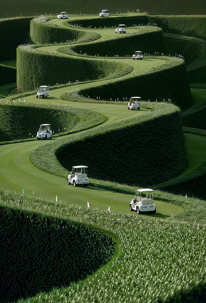 ulises studio's digital images stage hypnotic procession of golf carts tracing invisible lines