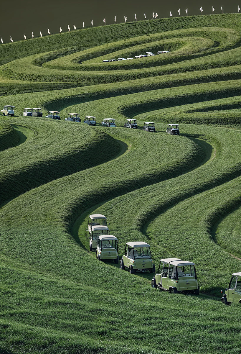 ulises studio's digital images stage hypnotic procession of golf carts tracing invisible lines