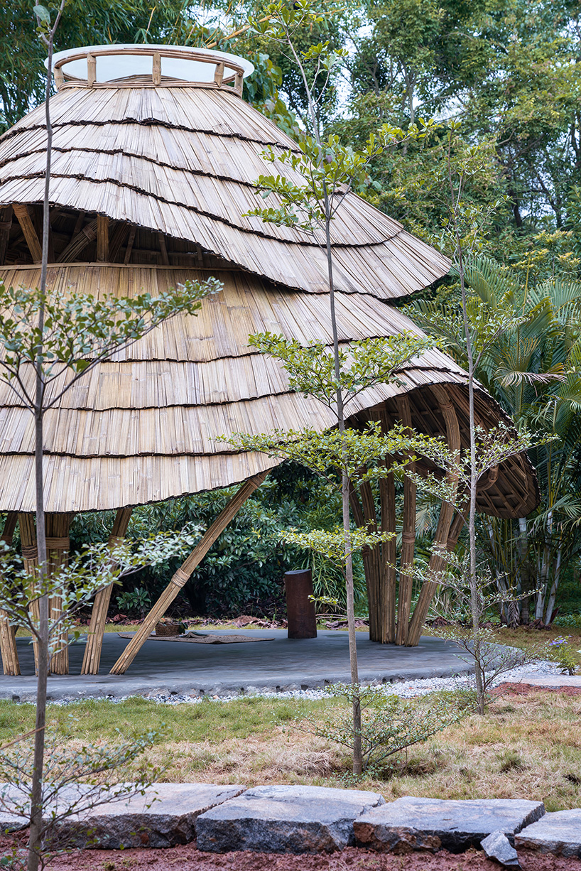 locally harvested bamboo and cane shape this sculptural meditation gazebo in tamil nadu, india