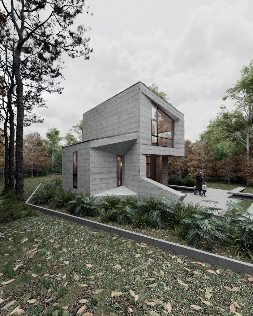 celva arquitectura's concrete silvestre shelter resembles a mineral set in chilean rainforest