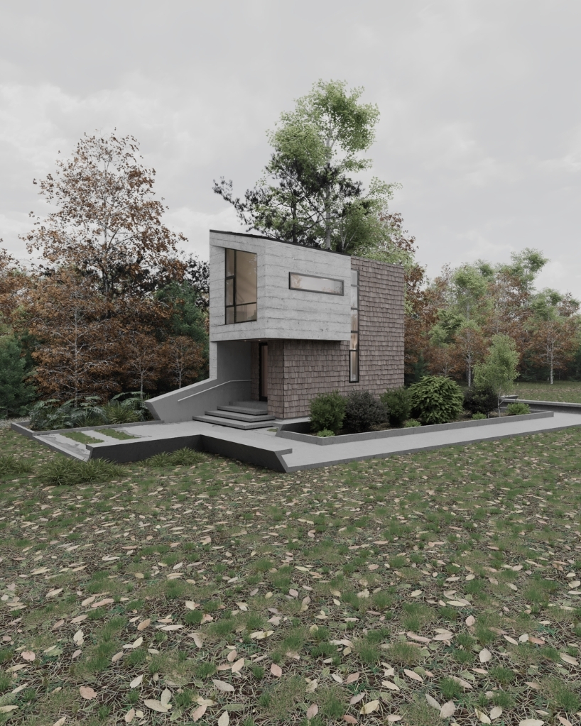 celva arquitectura's concrete silvestre shelter resembles a mineral set in chilean rainforest