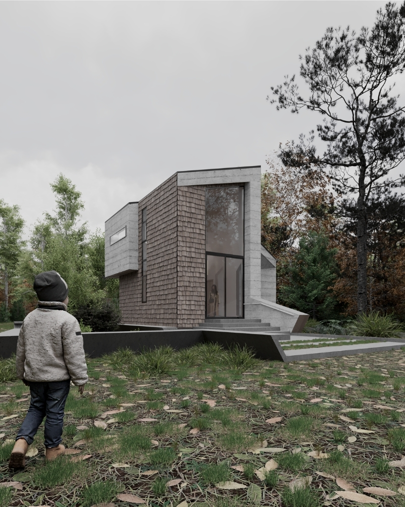 celva arquitectura's concrete silvestre shelter resembles a mineral set in chilean rainforest