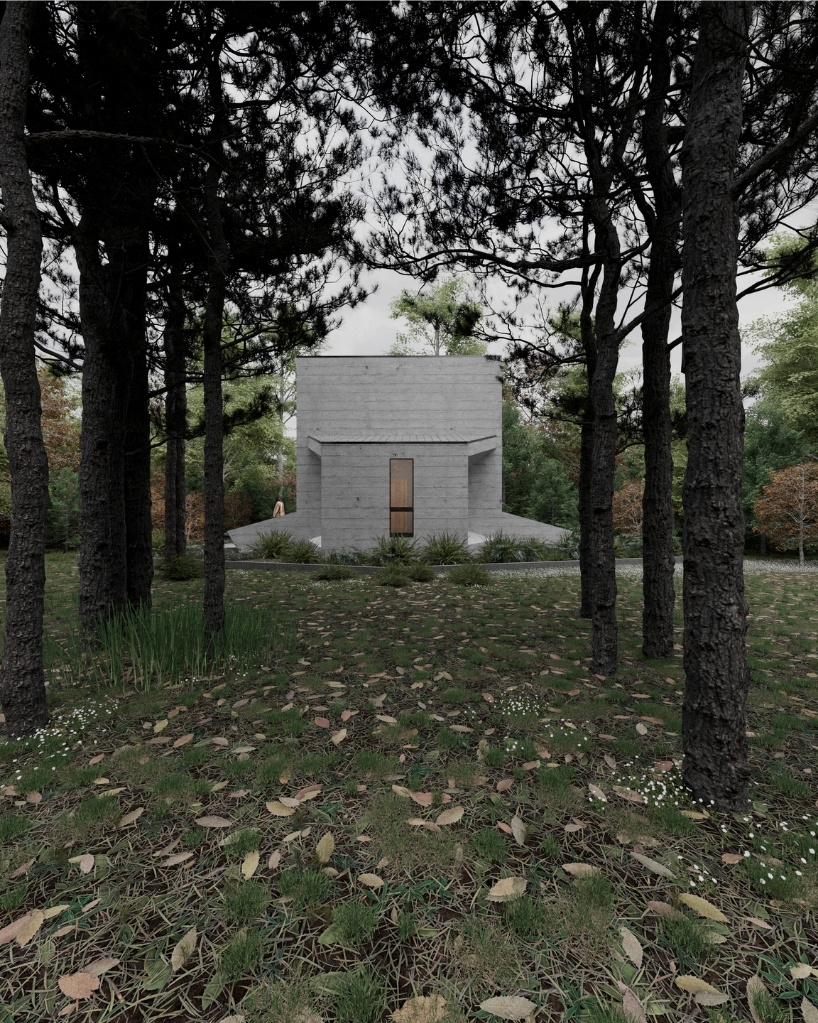 celva arquitectura's concrete silvestre shelter resembles a mineral set in chilean rainforest