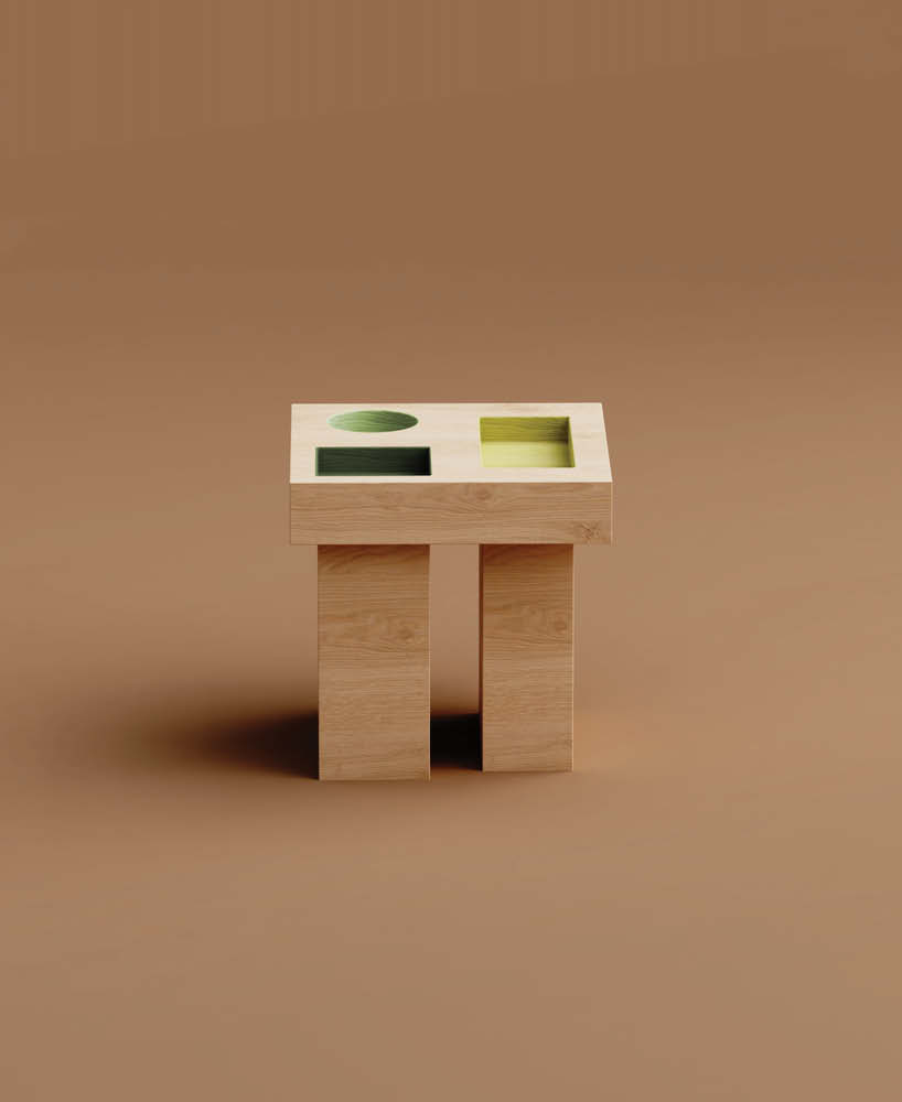 Sebuah simfoni bentuk geometris tersebar di seluruh bentuk kayu meja kopi yang ditunjuk