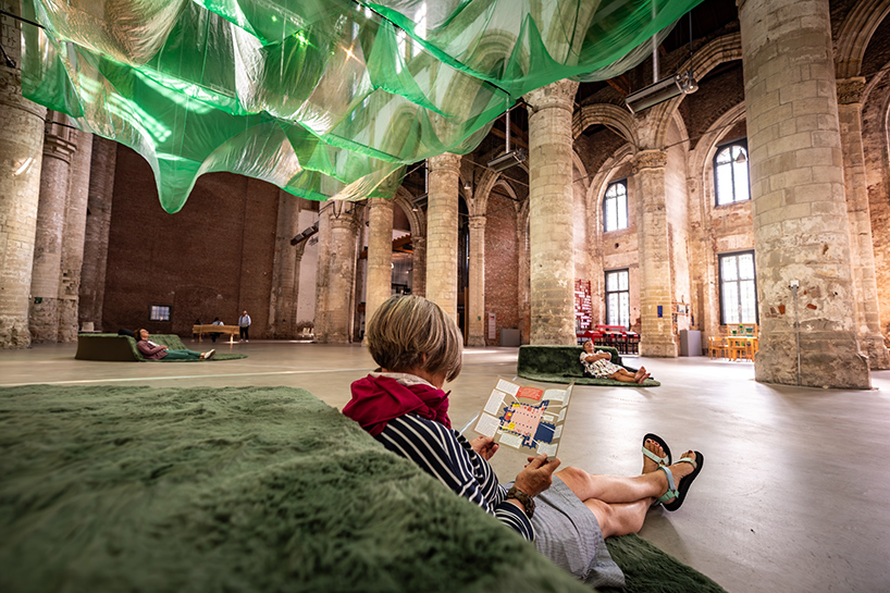 fabric and sound art installations evoke underwater landscape within gothic dutch church