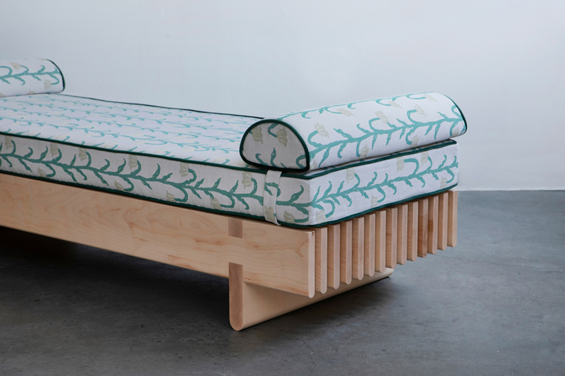 studio nama and frill furniture explore organic relationship between solid maple wood and textiles