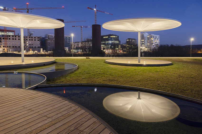 bebunch weaves wooden pavilions and ponds through public park