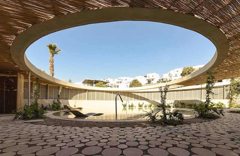 Vertical View of Arch Pool Terrace on Summer Resort Greece Stock