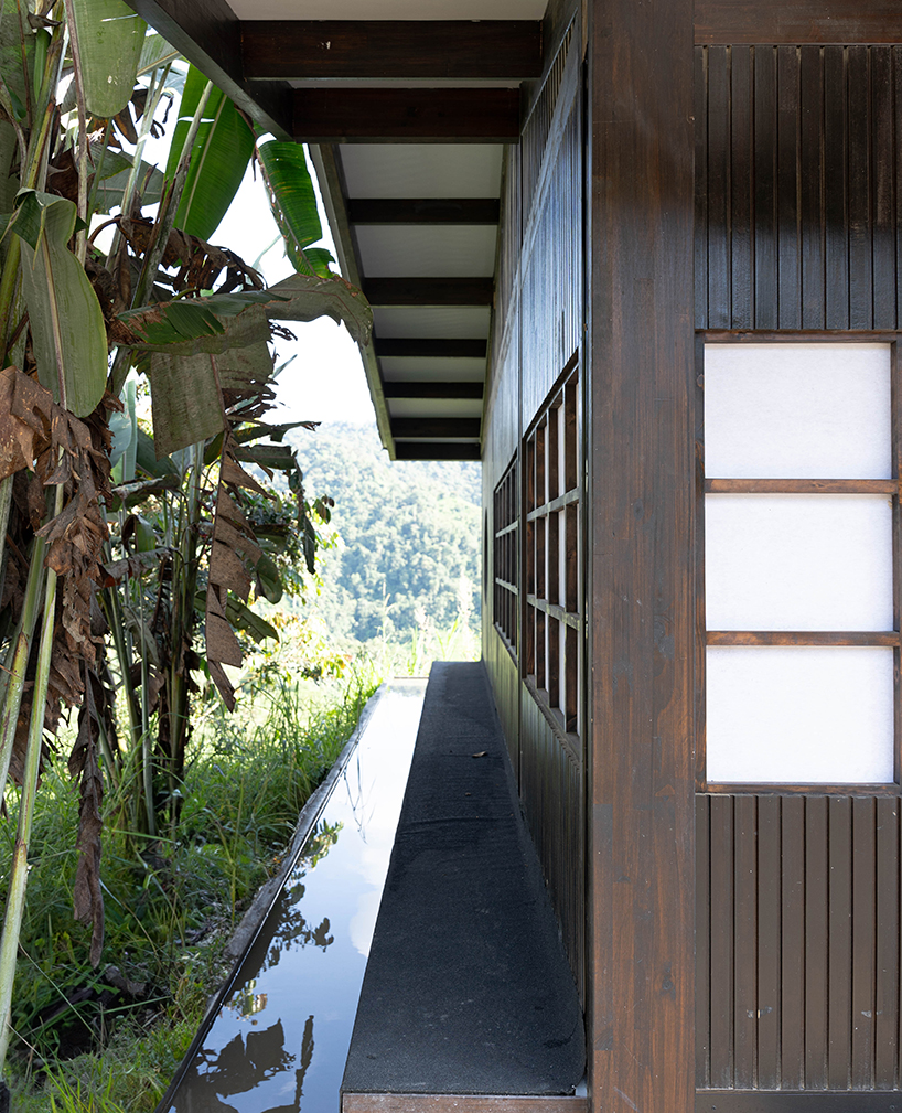 baquio arquitectura envuelve una zona de descanso con tablones de madera oscura en el bosque del Chocó en Ecuador