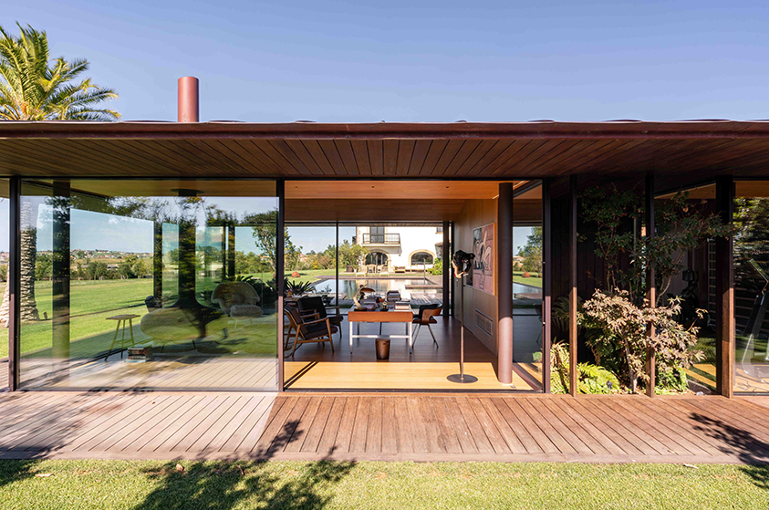 bamboo slats envelop godai pavilion in spain following a gradient pattern