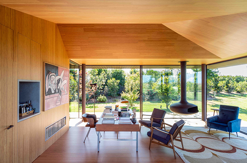 bamboo slats envelop godai pavilion in spain following a gradient pattern