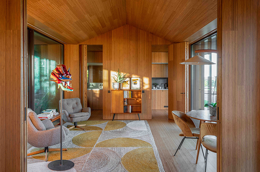 bamboo slats envelop godai pavilion in spain following a gradient pattern