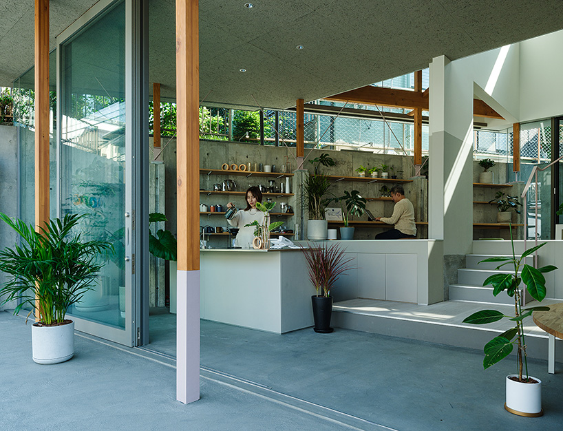 fragmented timber blue box office stands on sloping terrain in japan