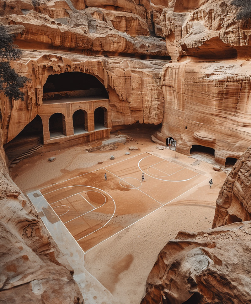 Basketball courts are located in the sandstone gorges of AlUla in Norah Alsuairy's AI-generated series