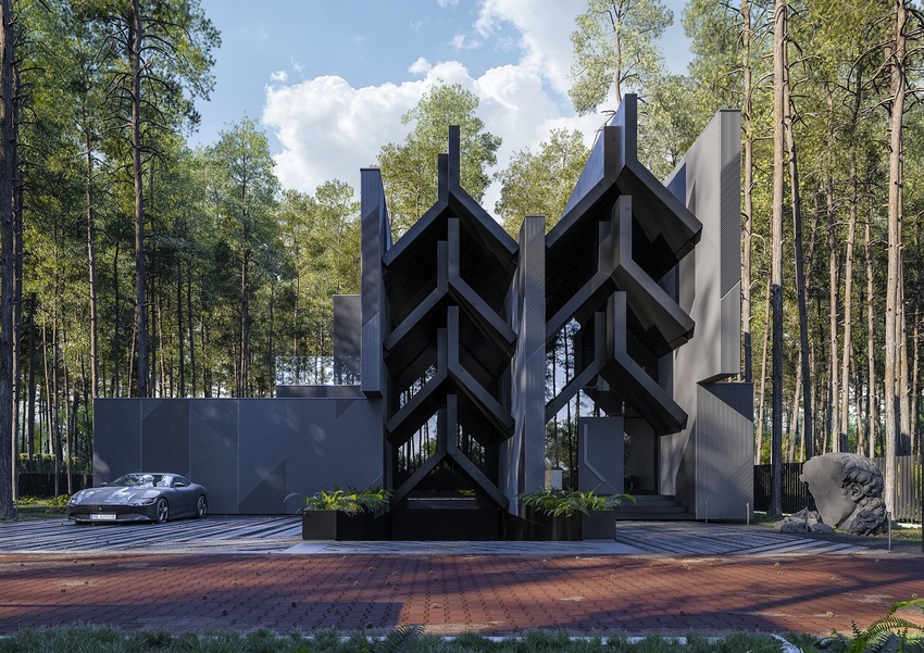 pine tree-cloaked villa by reform architekt in poland nods to geometric forms of laborghini aventador SVJ